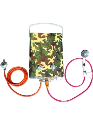 Portable outdoor water heater with 12 KW, 6 liters per minute incl. Shower and gas set, 37 mbar, camo