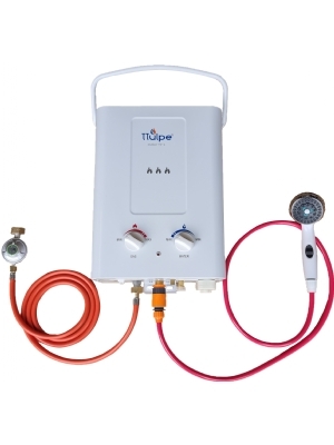 Portable outdoor water heater with 12 KW, 6 liters per minute incl. Shower and gas set, 50 mbar, white