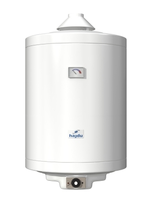 Natural gas-fired storage water heater with chimney/flue pipe connection, capacity 80 litres.